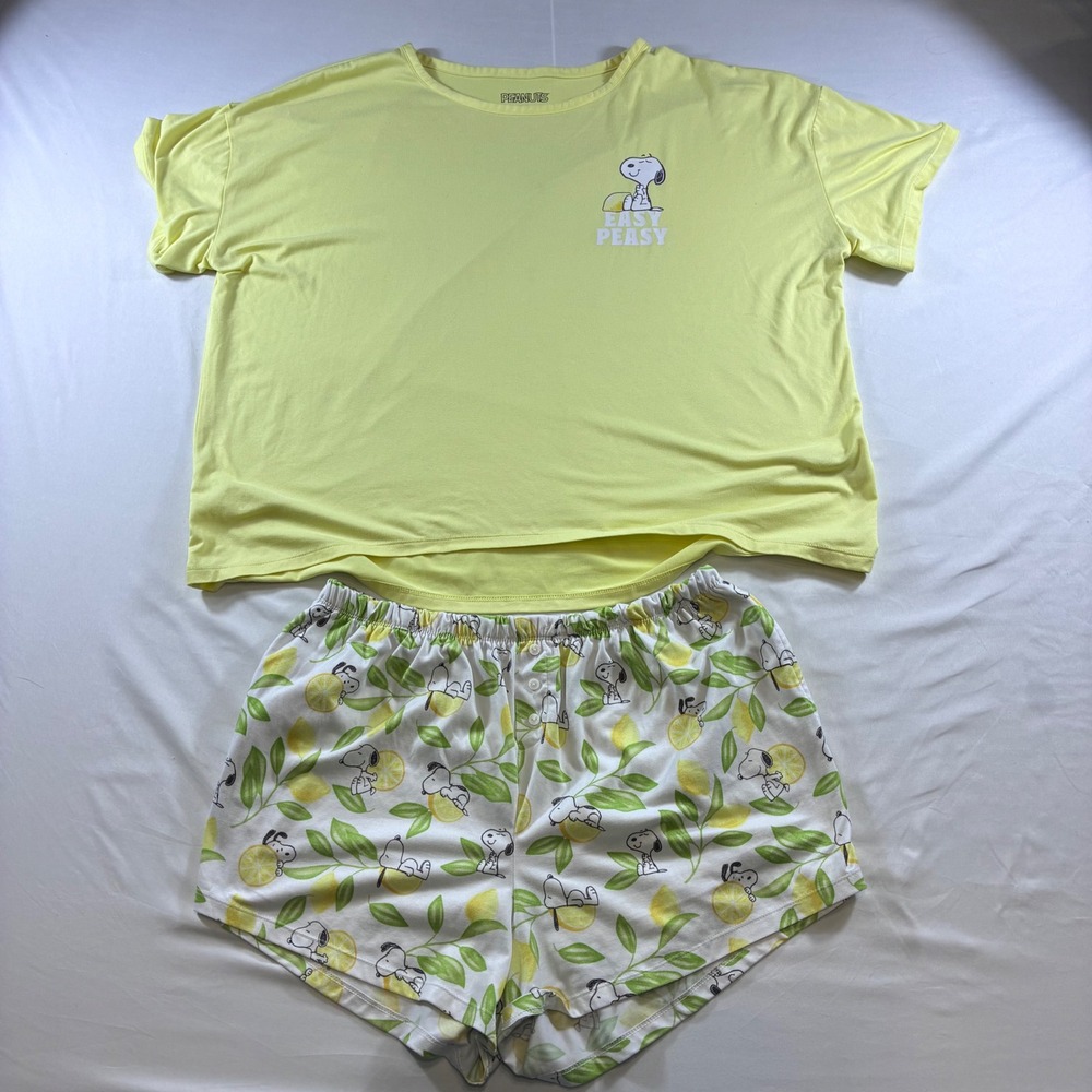 Peanuts Snoopy Easy Peasy Lemon Pajama Set XL 16-18 Yellow Short Sleeve Shorts